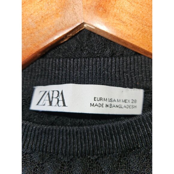 Zara Women's Black Open Knit Sweater Size M Long Sleeve Textured Bodycon - Picture 7 of 10